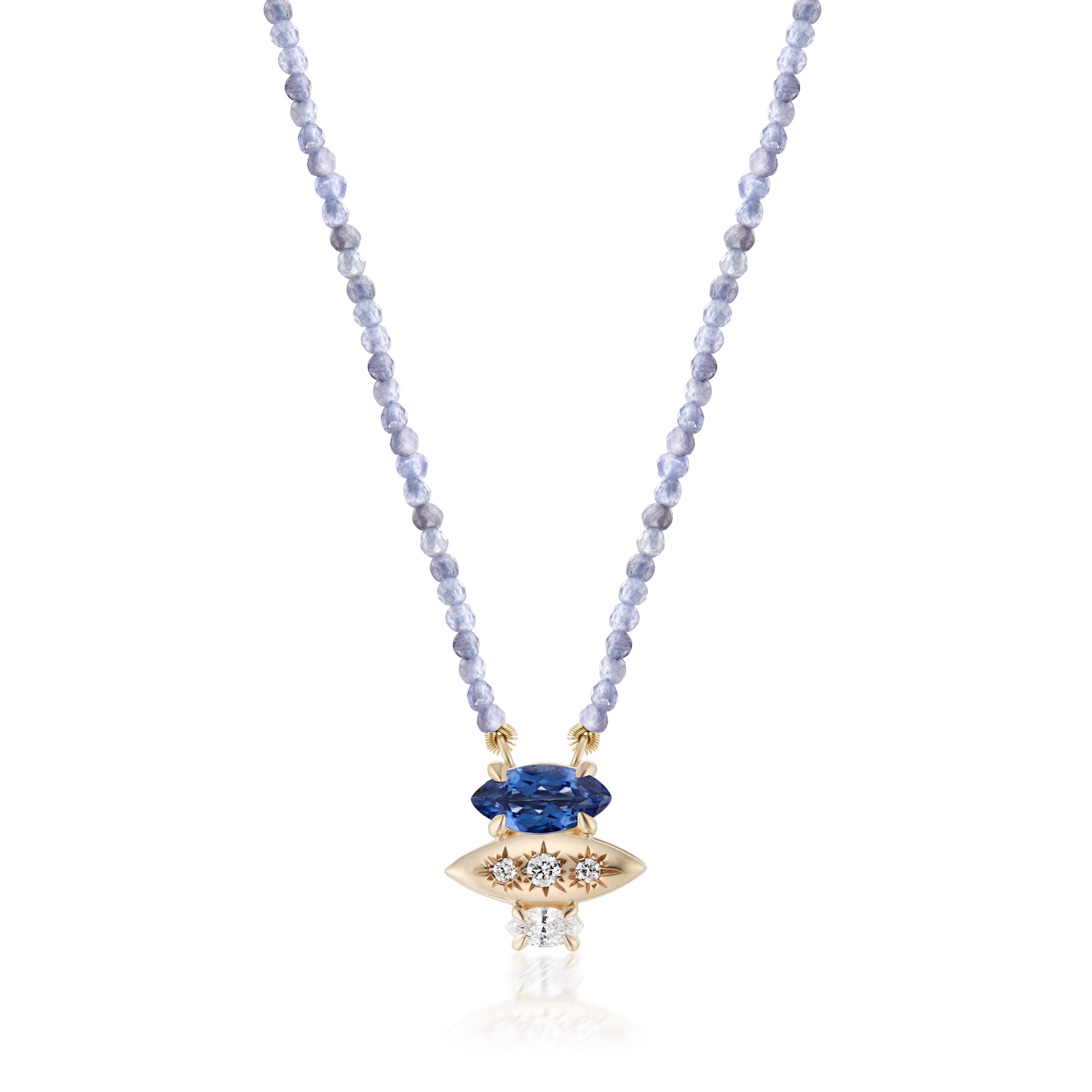 Alt="Vale Jewelry Rainfall Triple Marquise Sapphire and Beaded Tanzanite Necklace Yellow Gold Close Up"