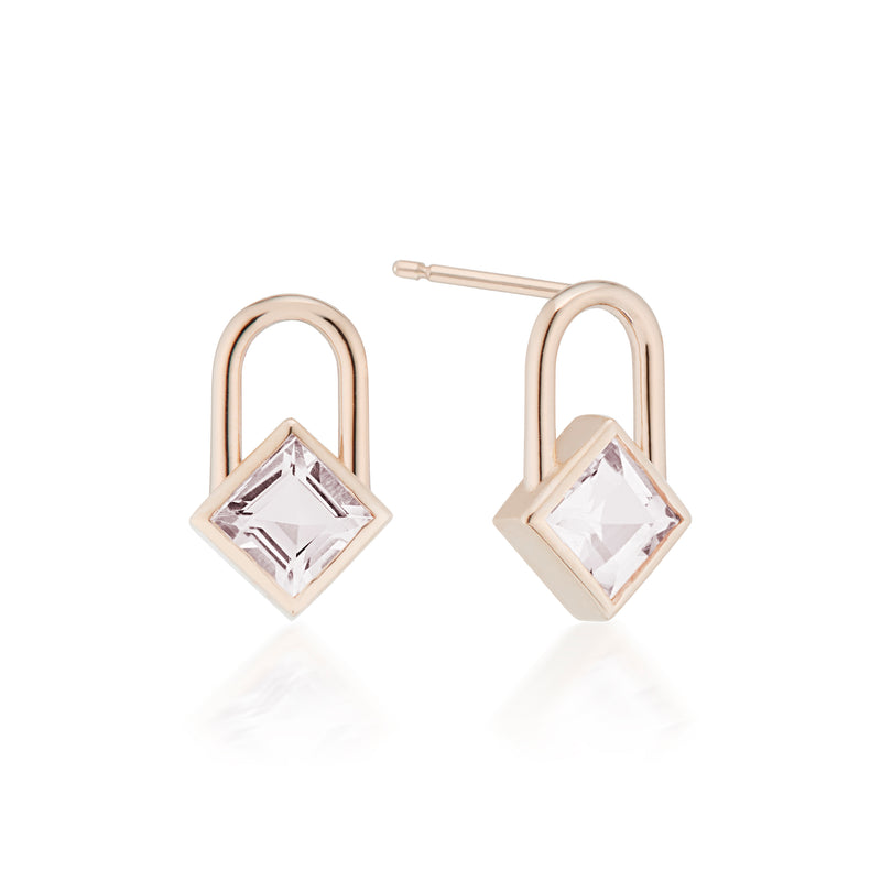 Vale Jewelry Square Morganite Lock Earrings in Rose Gold Front View