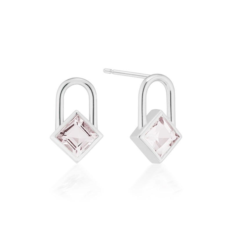 Vale Jewelry Square Morganite Lock Earrings in White Gold Front View