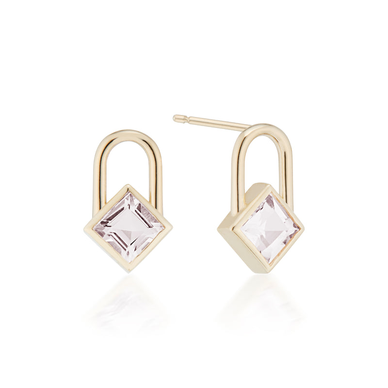 Vale Jewelry Square Morganite Lock Earrings in Yellow Gold Front View