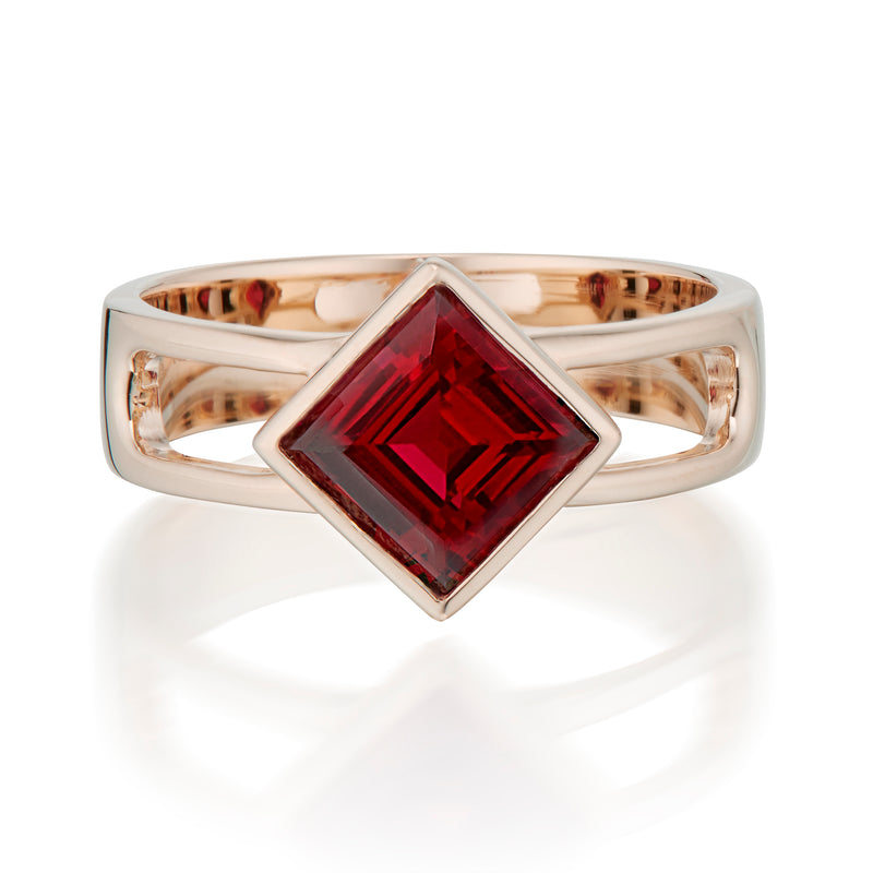 Vale Jewelry Square Garnet Open Lock Ring in Rose Gold Front View