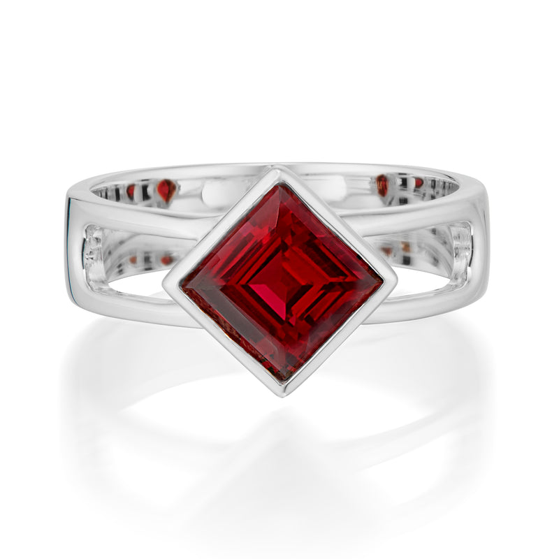 Vale Jewelry Square Garnet Open Lock Ring in White Gold Front View