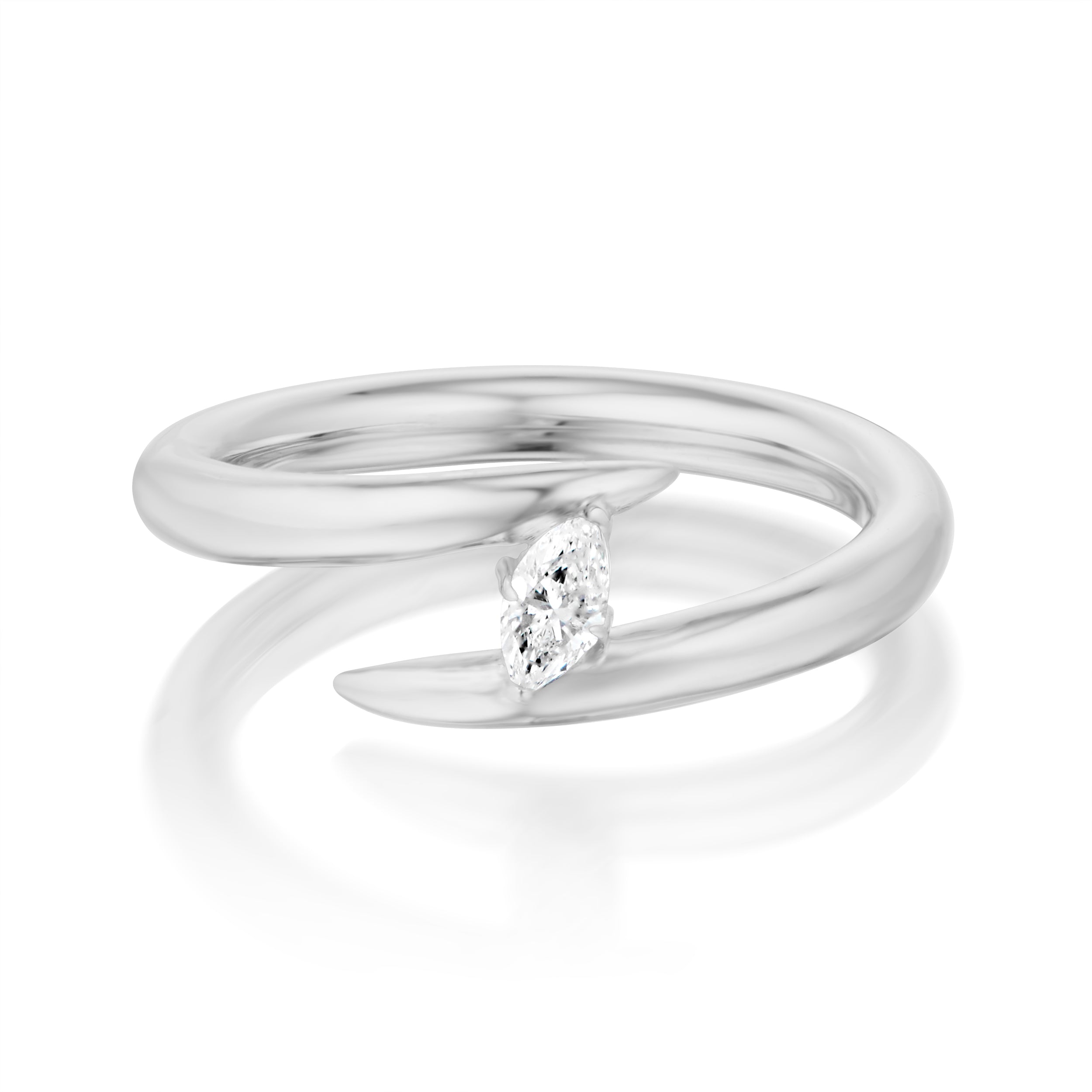 Vale Jewelry Swoop Marquise Cut White Diamond Bypass Ring Front View White Gold