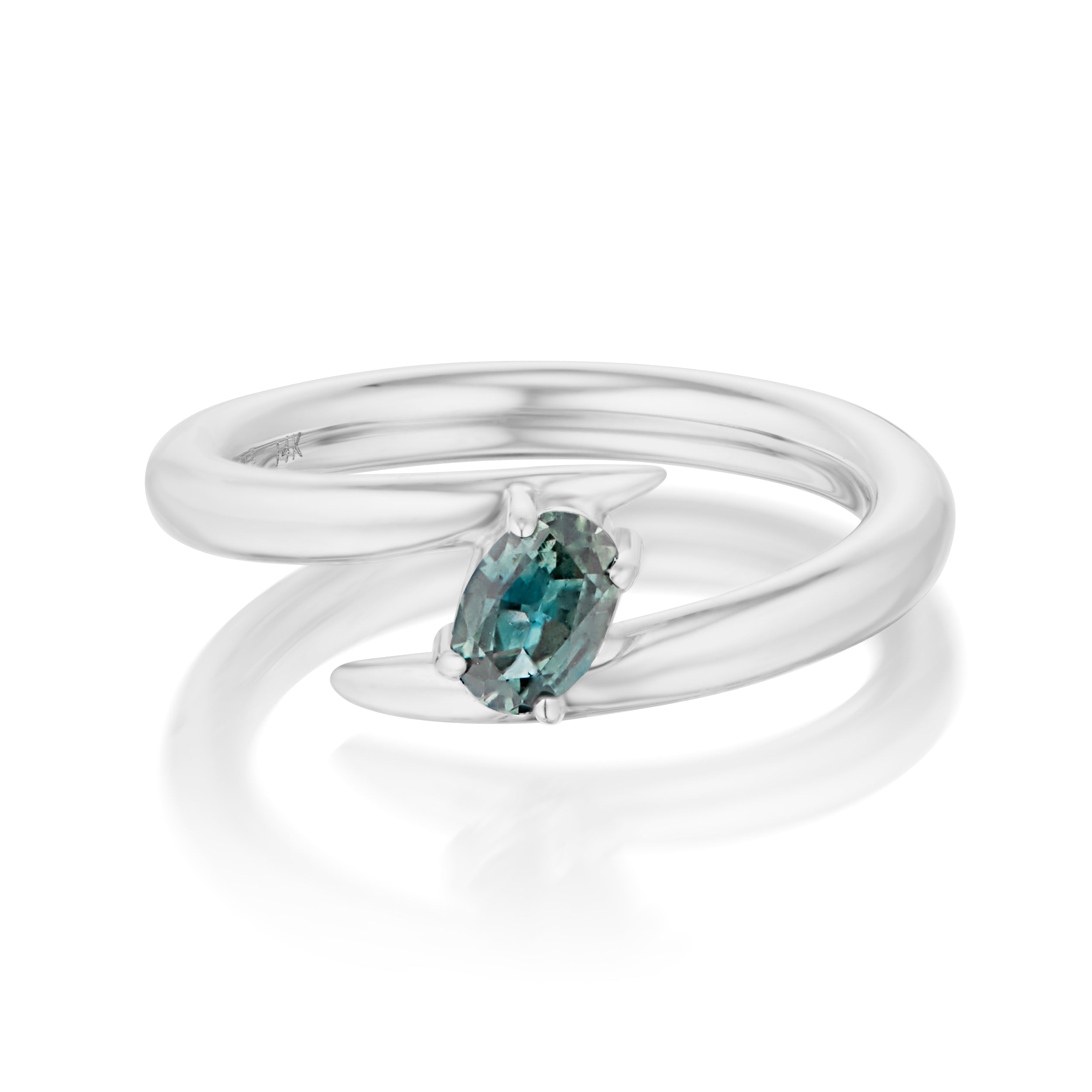 Vale Jewelry Swoop Oval Cut Diagonal Parti Sapphire Bypass Ring Front View White Gold