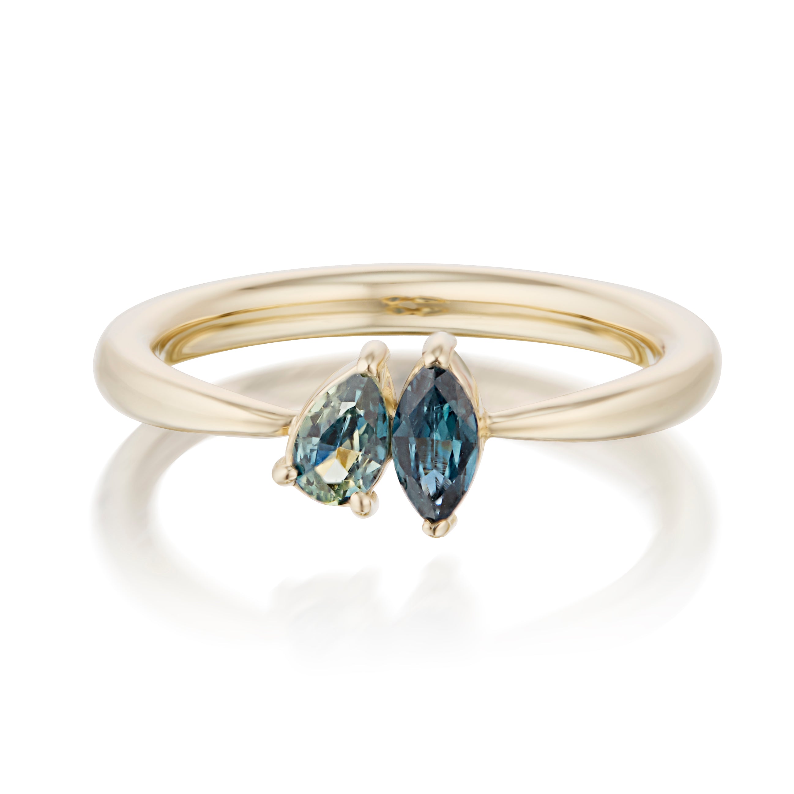 Vale Jewelry Swoop Pear Cut And Marquise Cut Parti Sapphire Toi Et Moi Ring Front View Yellow Gold