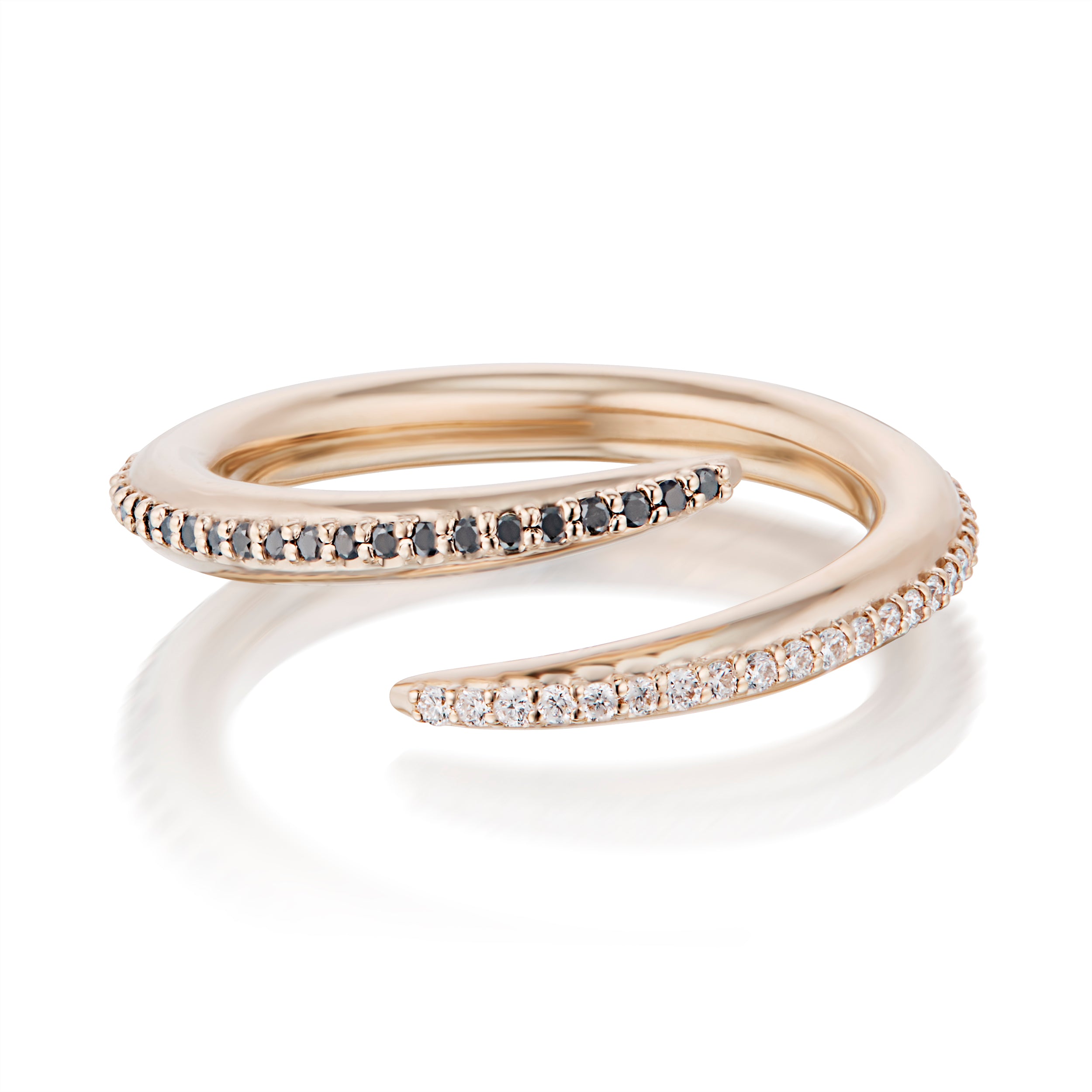 Vale Jewelry Swoop Midnight Pavé White And Black Diamonds Bypass Ring Front View Rose Gold