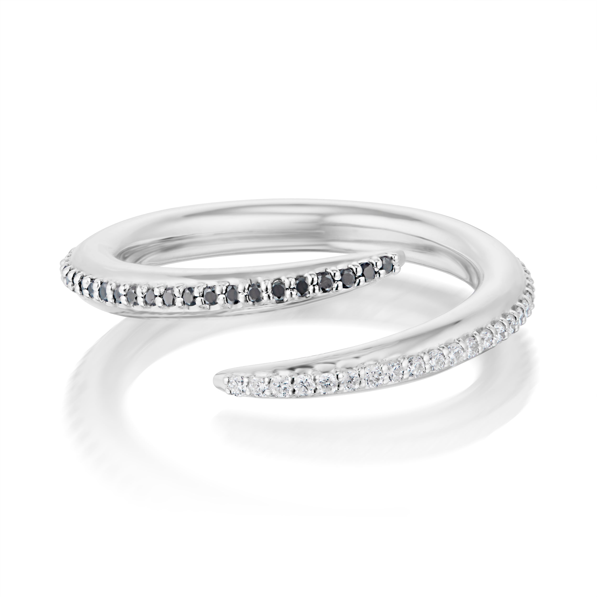 Vale Jewelry Swoop Midnight Pavé White And Black Diamonds Bypass Ring Front View White Gold