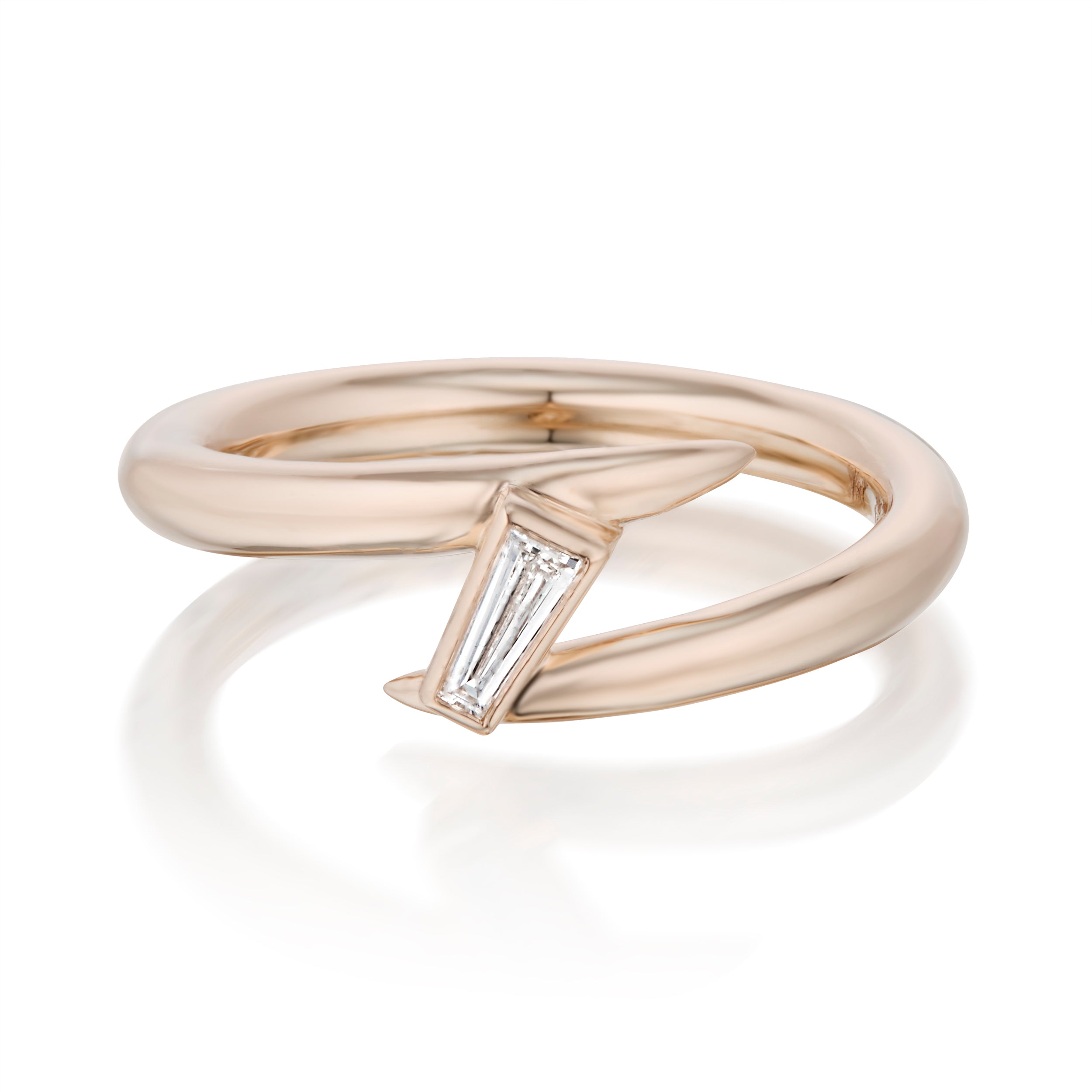 Vale Jewelry Swoop Tapered Baguette Cut White Diamond Bypass Ring Front View Rose Gold