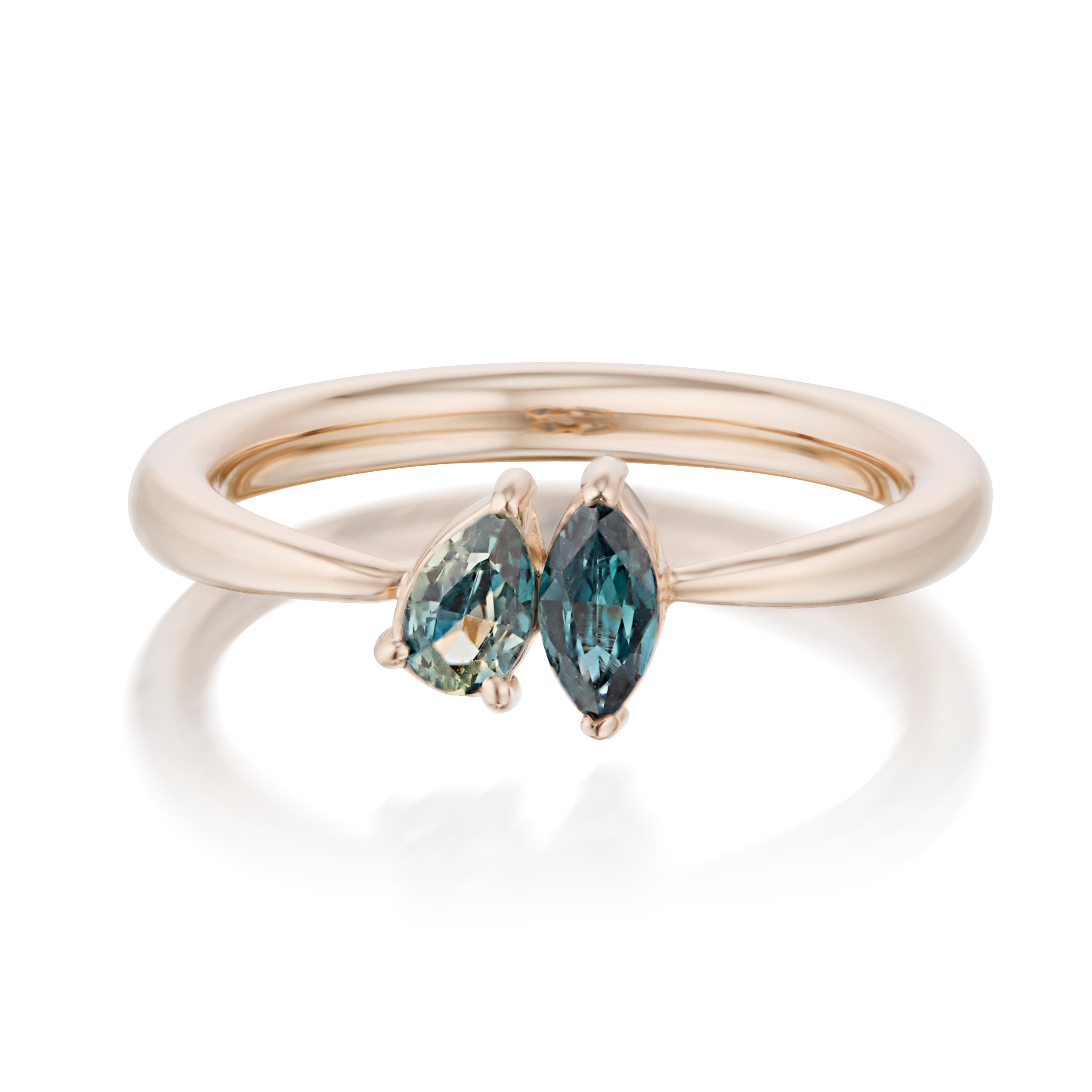 Vale Jewelry Swoop Pear Cut And Marquise Cut Parti Sapphire Toi Et Moi Ring Front View Rose Gold