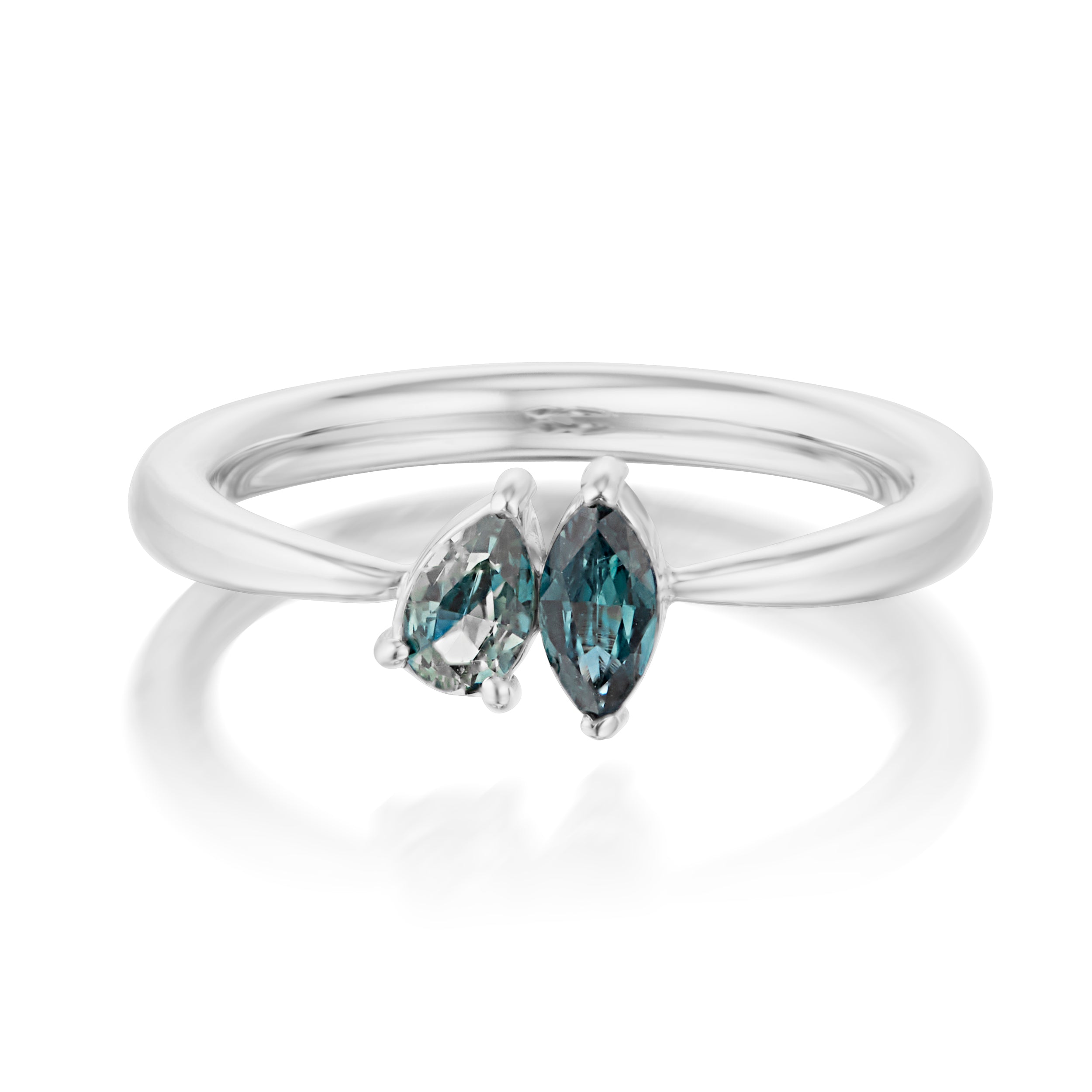 Vale Jewelry Swoop Pear Cut And Marquise Cut Parti Sapphire Toi Et Moi Ring Front View White Gold