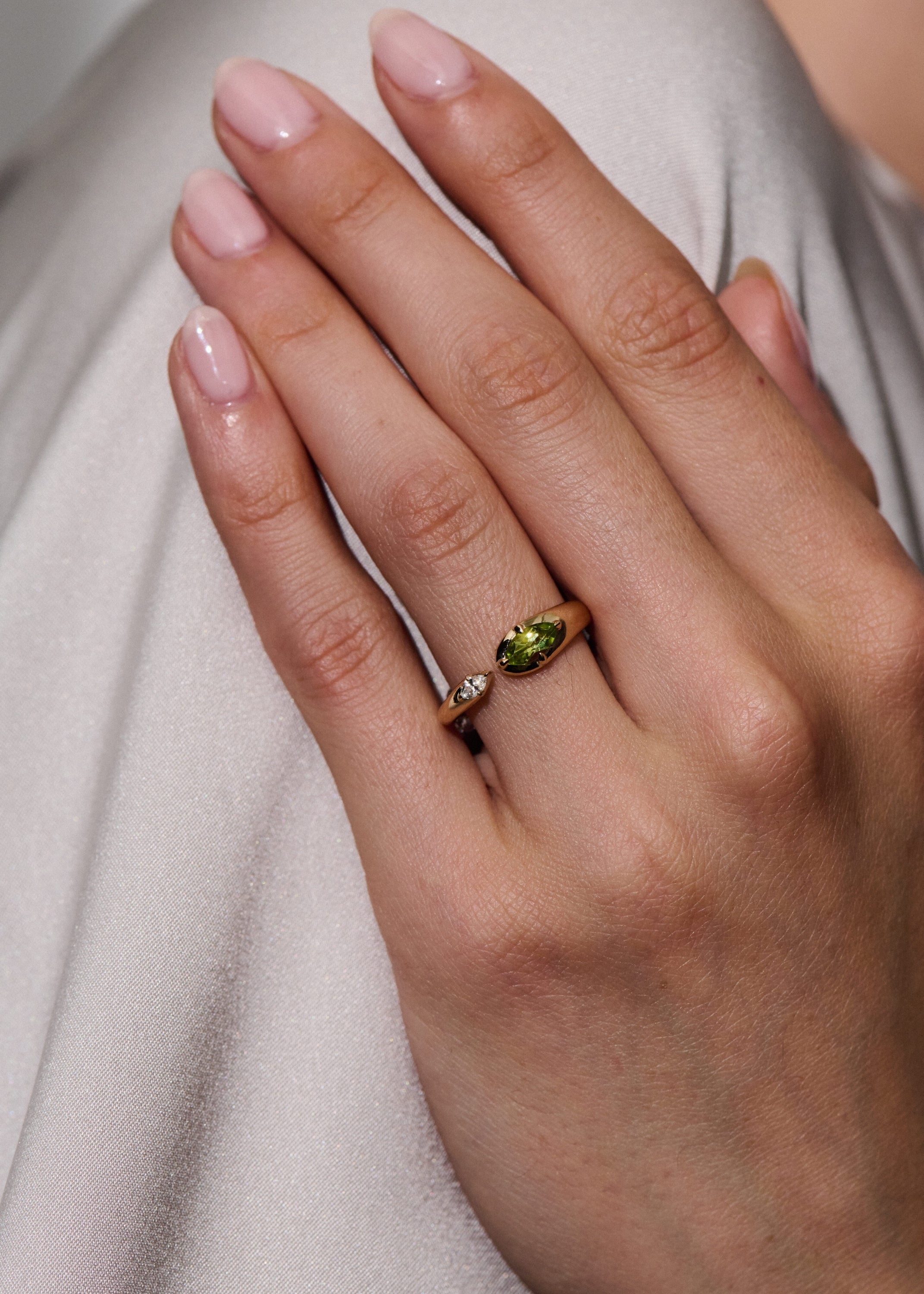Rainfall Open Marquise Cut Peridot & Diamond Ring
