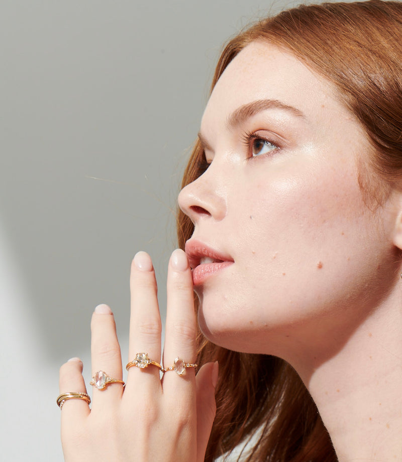 Model Wearing 2.77 Radiant Cut Fancy Yellow Diamond Ring, Severine Ring with Oval Rose Cut Diamond and Chloe Ring with Rose Cut Diamonds and Sintra Rolling Ring from Vale Jewelry