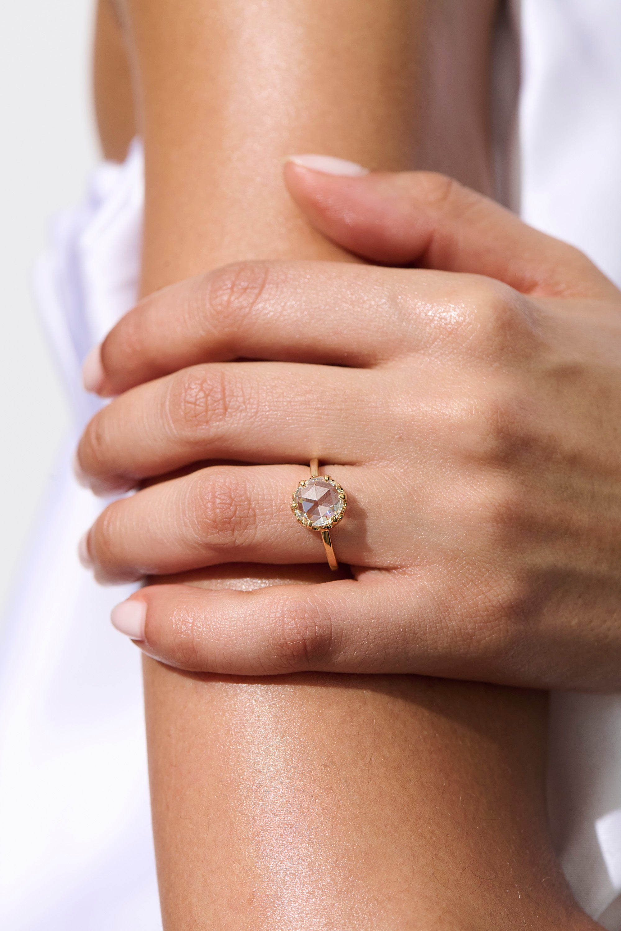 Vale Jewelry 2.10 Carat Round Rose Cut Diamond Desert Flower Ring on Hand Model