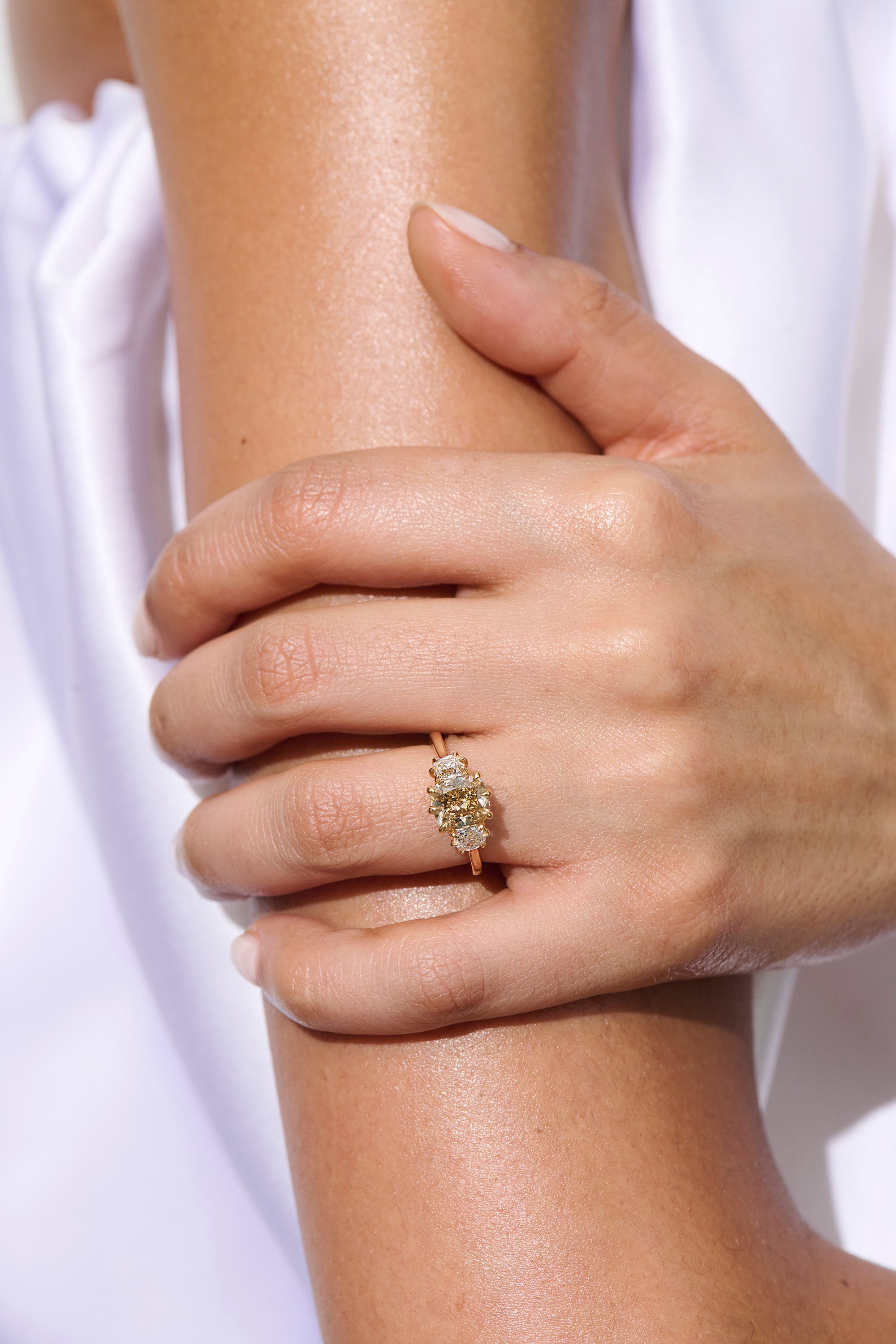 Vale Jewelry 3-Stone 2.35 Carat Fancy Yellowish-Brown Diamond Maëlle Ring on Hand Model