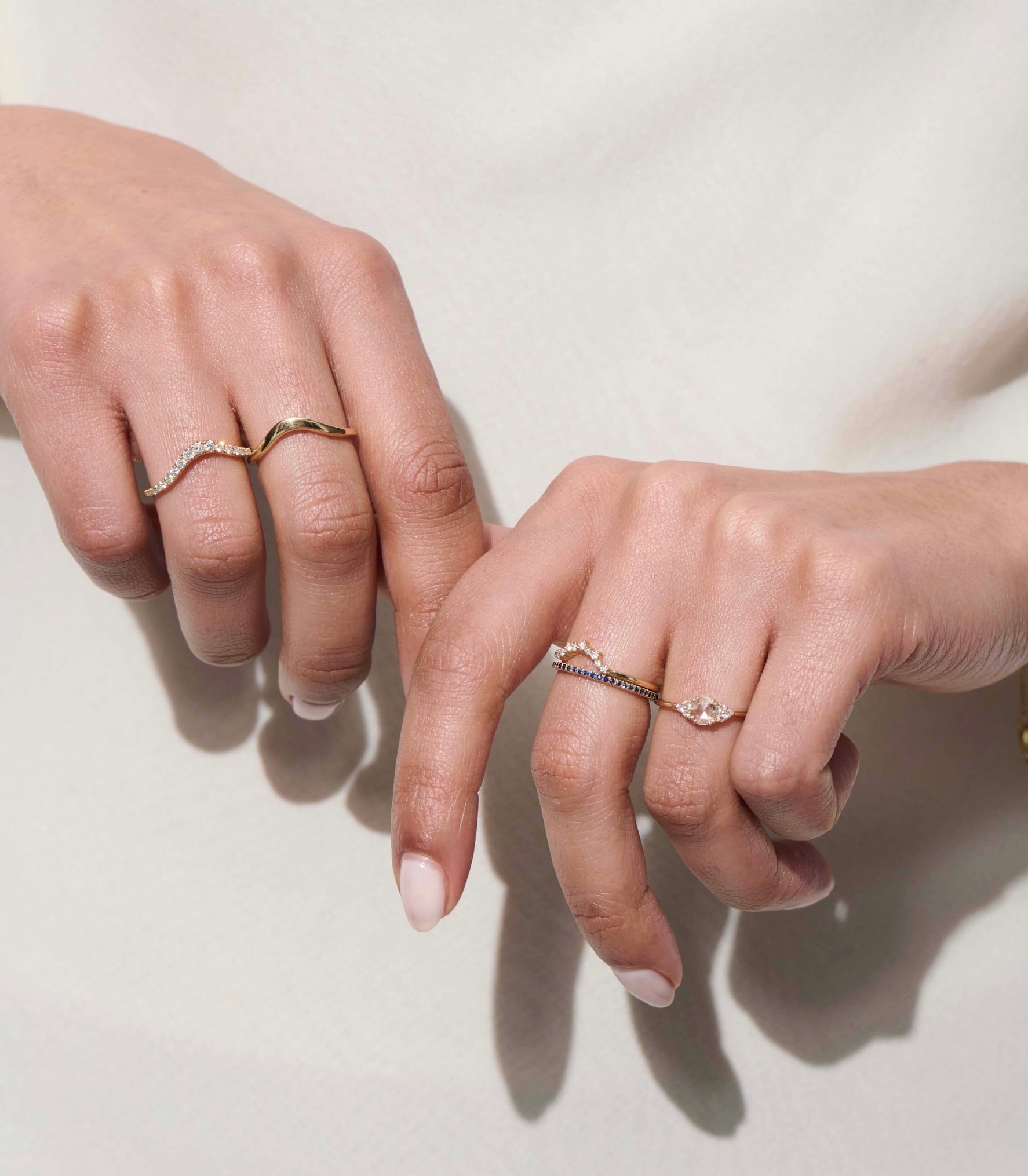Model Wearing Vale Jewelry Hayden Ring with Other Gold Diamond Rings