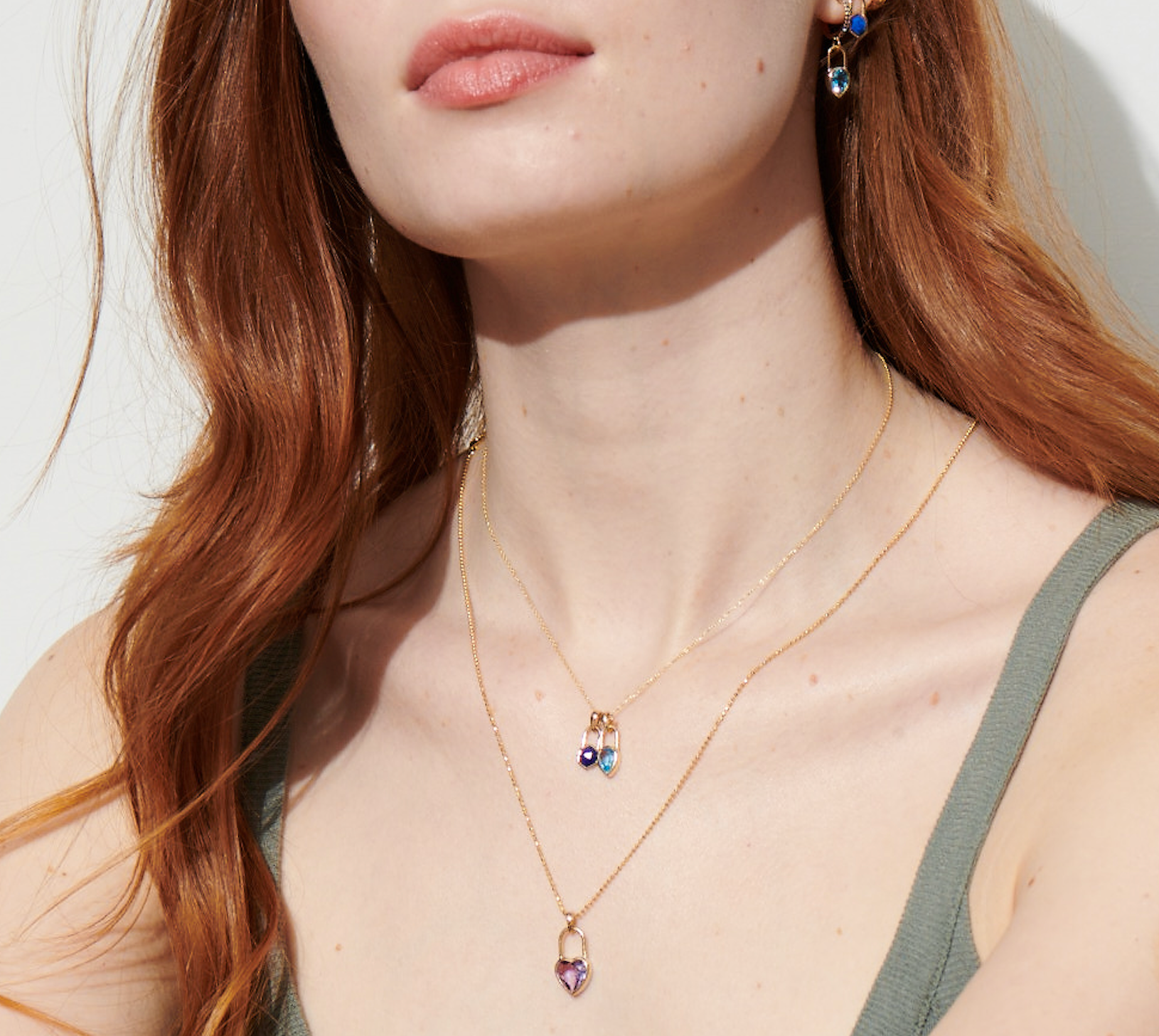 Vale Jewelry Large Heart Lock Amethyst Charm on Faceted Bead Chain Necklace on Model