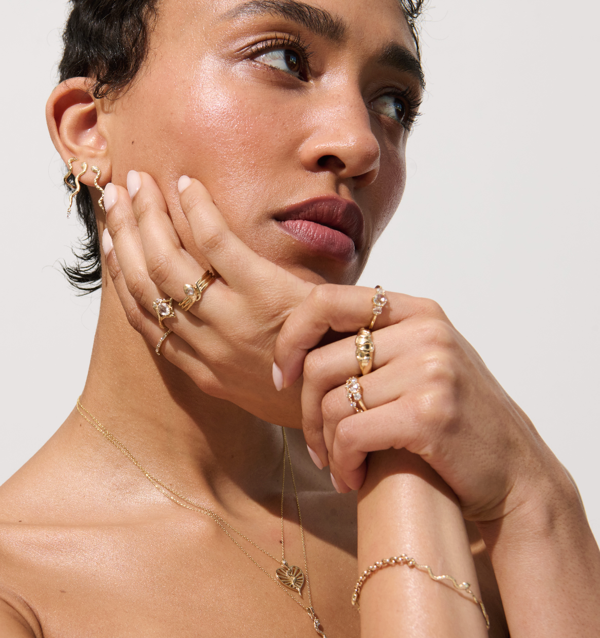 Model Wearing Vale Jewelry Large Tidals Ring with White Rose Cut Diamonds in Yellow Gold