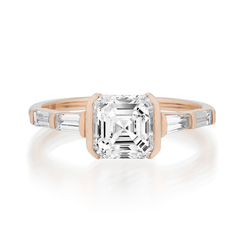 Vale Jewelry Maxwell Ring with Asscher Cut White Diamonds in Rose Gold Front View