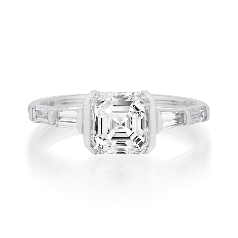 Vale Jewelry Maxwell Ring with Asscher Cut White Diamonds in White Gold Front View