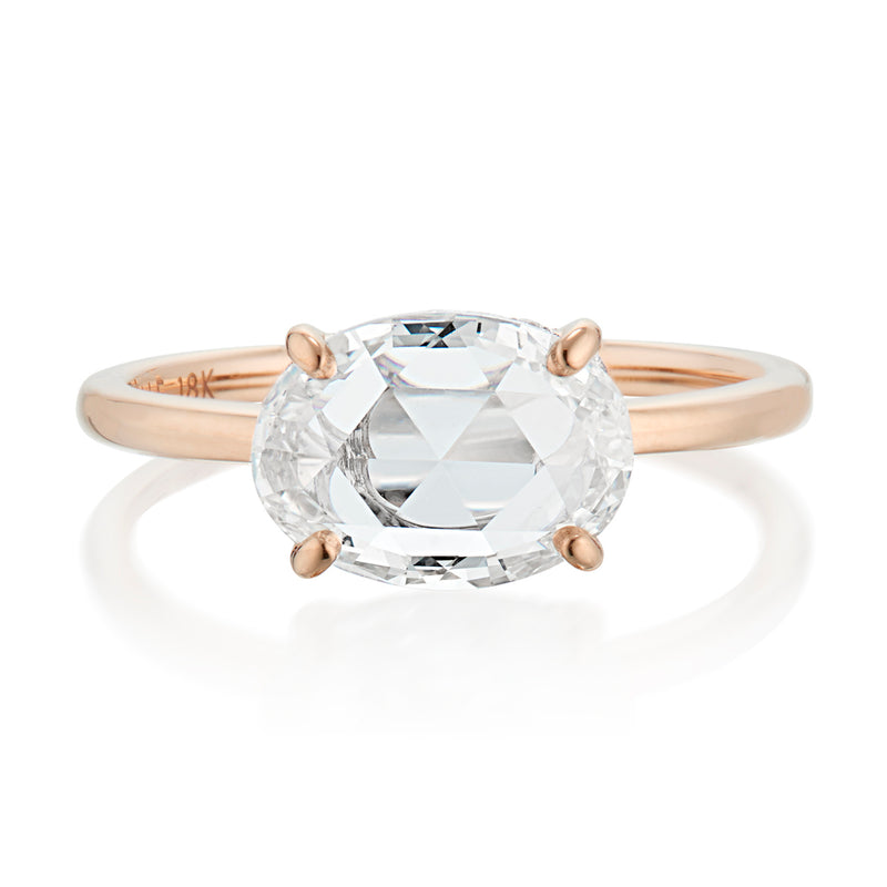 Vale Jewelry OOAK 1.43 Carat East-West Oval Rose Cut Diamond Ring with Hidden Halo Rose Gold Front