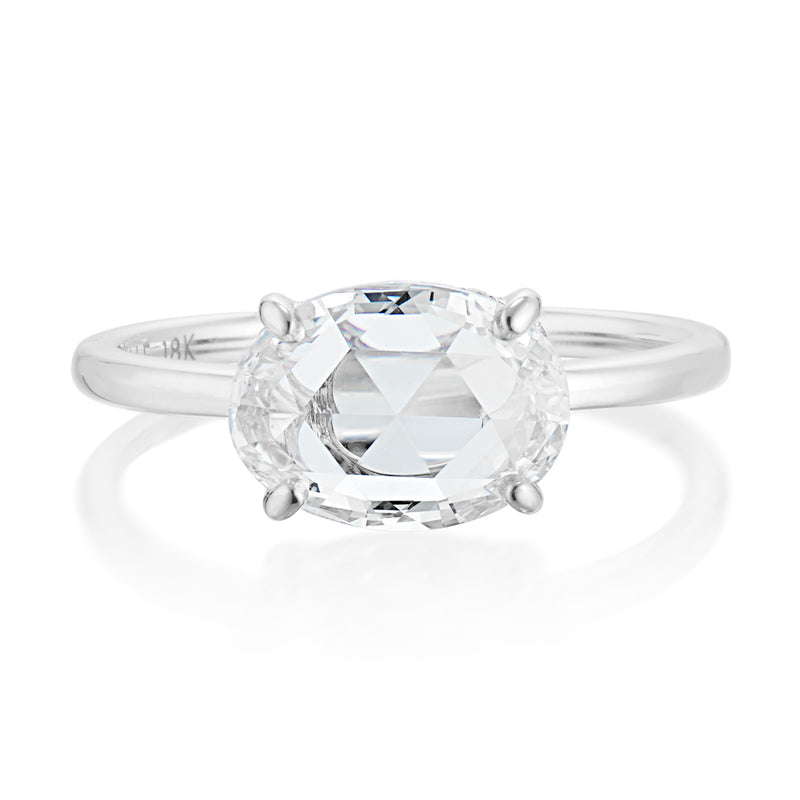 Vale Jewelry OOAK 1.43 Carat East-West Oval Rose Cut Diamond Ring with Hidden Halo White Gold Front
