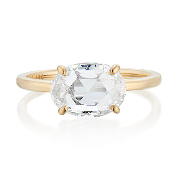 Vale Jewelry OOAK 1.43 Carat East-West Oval Rose Cut Diamond Ring with Hidden Halo Yellow Gold Front