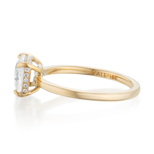 Vale Jewelry OOAK 1.43 Carat East-West Oval Rose Cut Diamond Ring with Hidden Halo Yellow Gold Side