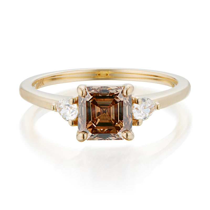 Vale Jewelry OOAK 1.50 Carat Fancy Yellow-Brown Emerald Cut Diamond Ring Yellow Gold Front