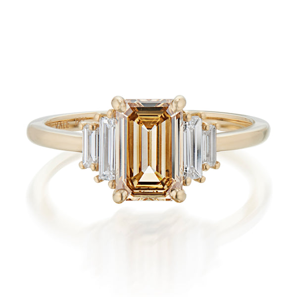 Vale Jewelry OOAK 1.51 Carat Fancy Yellow-Brown Emerald Cut Diamond Ring Yellow Gold Front