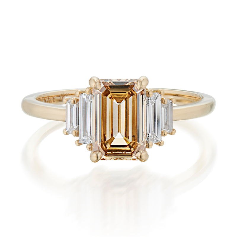 Vale Jewelry OOAK 1.51 Carat Fancy Yellow-Brown Emerald Cut Diamond Ring Yellow Gold Front