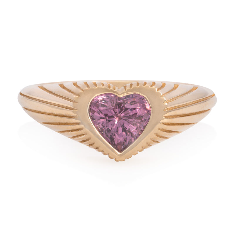 Vale Jewelry OOAK Etched Retro Heart Signet Ring with Pink Spinel in 14K Yellow Gold Front View