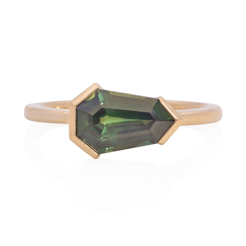 Vale Jewelry OOAK Green Sapphire Heptagon Ring in 14K Yellow Gold Front View