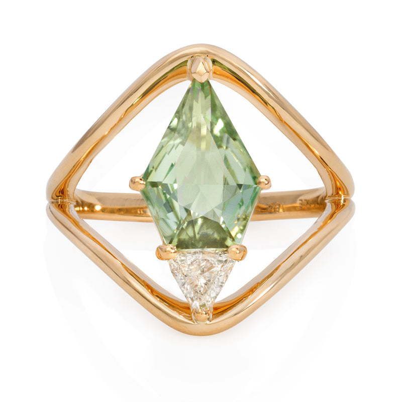 Vale Jewelry One of a Kind Loop Ring with Shield Cut Green Tourmaline in Yellow Gold