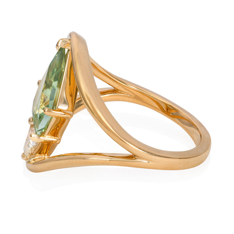 Vale Jewelry One of a Kind Loop Ring with Shield Cut Green Tourmaline in Yellow Gold Side View