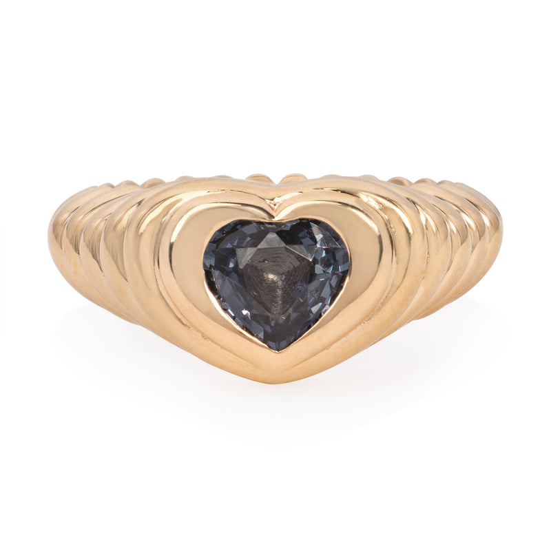 Vale Jewelry OOAK Rippled Retro Heart Signet Ring with Blue Grey Spinel Front View
