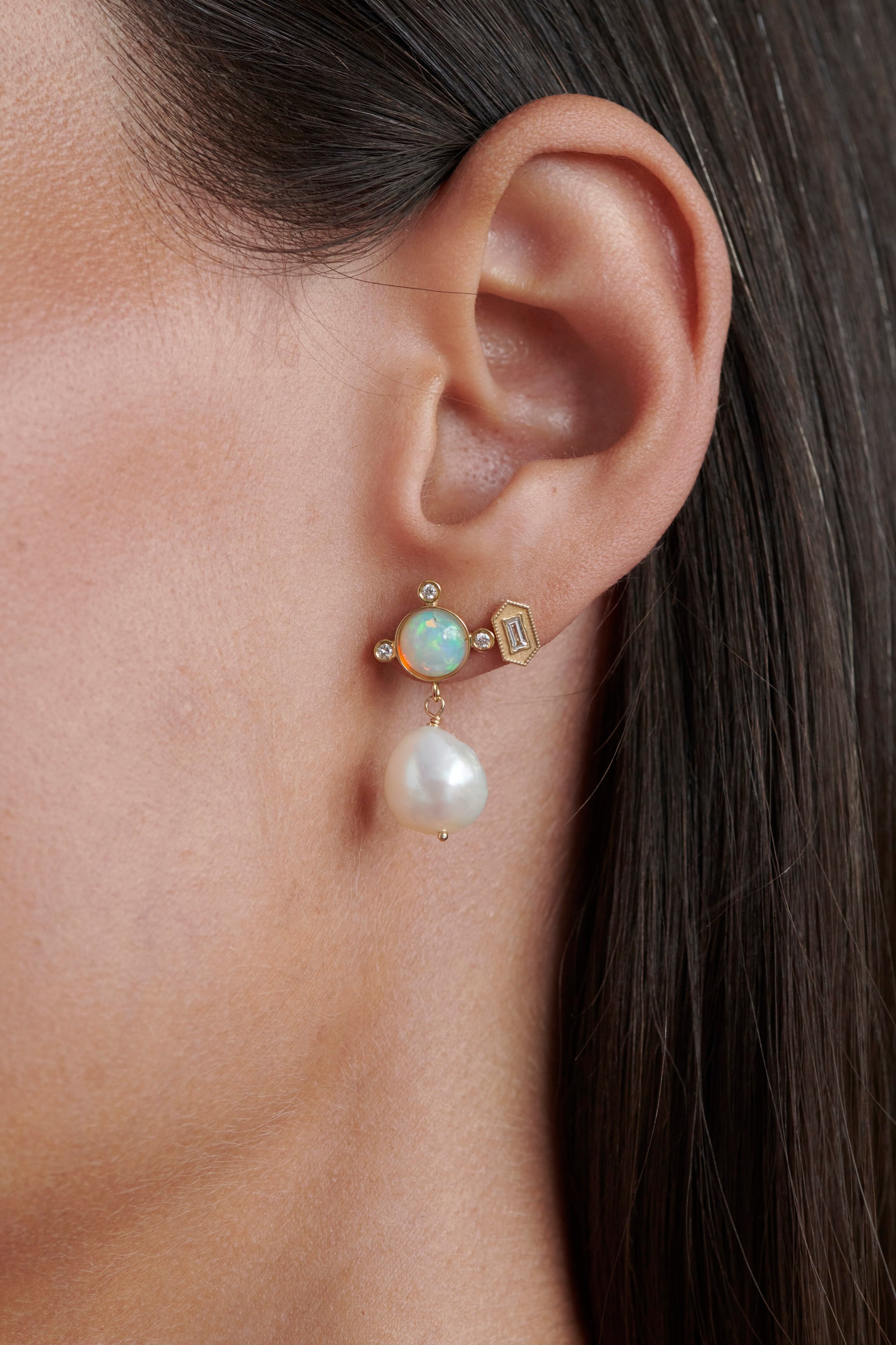 Close-up of Model Wearing Opal Cabochon Compass Diamond Earrings With Pearls