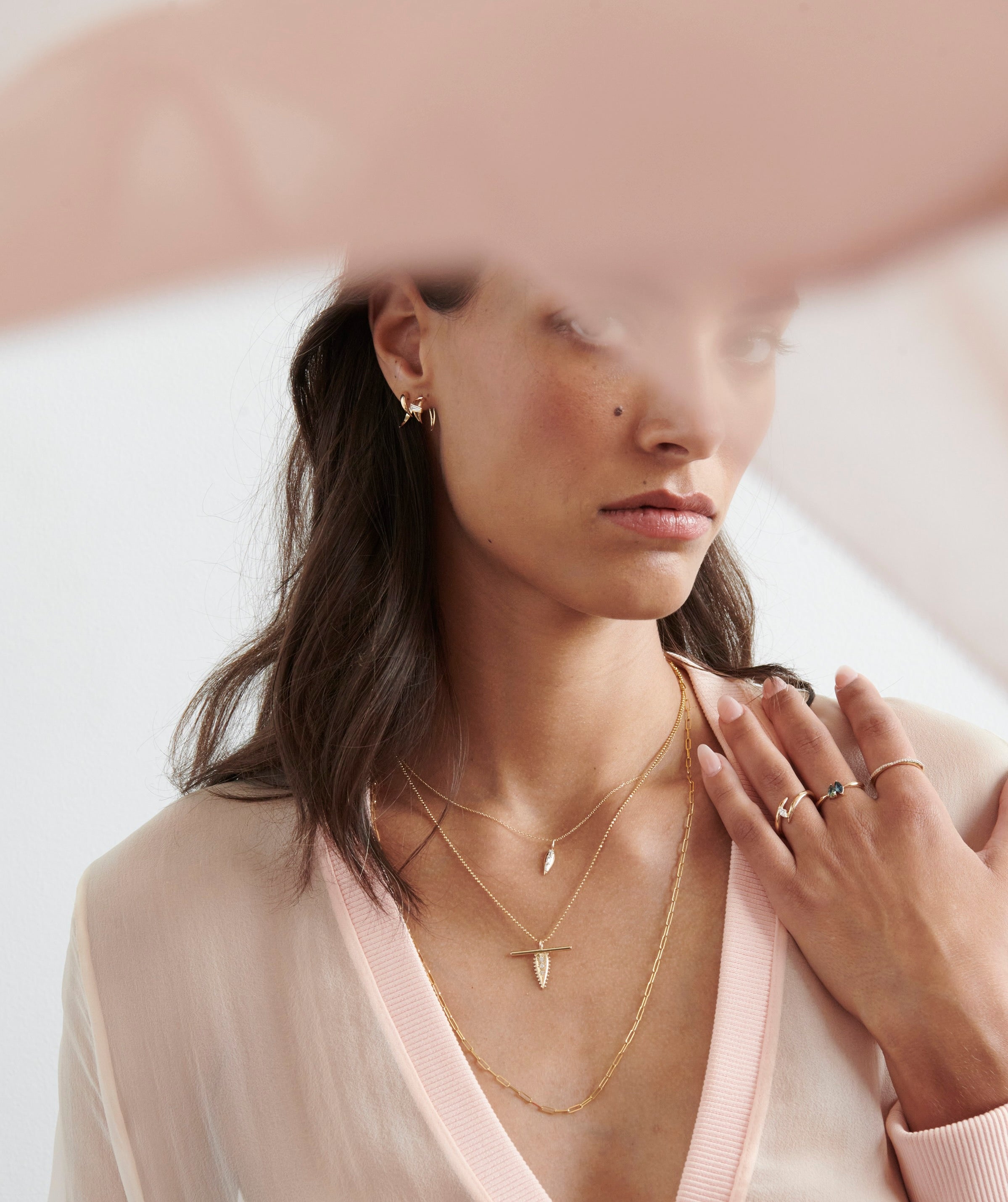 Model Wearing Vale Jewelry Open Swoop Tapered Baguette Cut Diamond 2-Piece Earrings