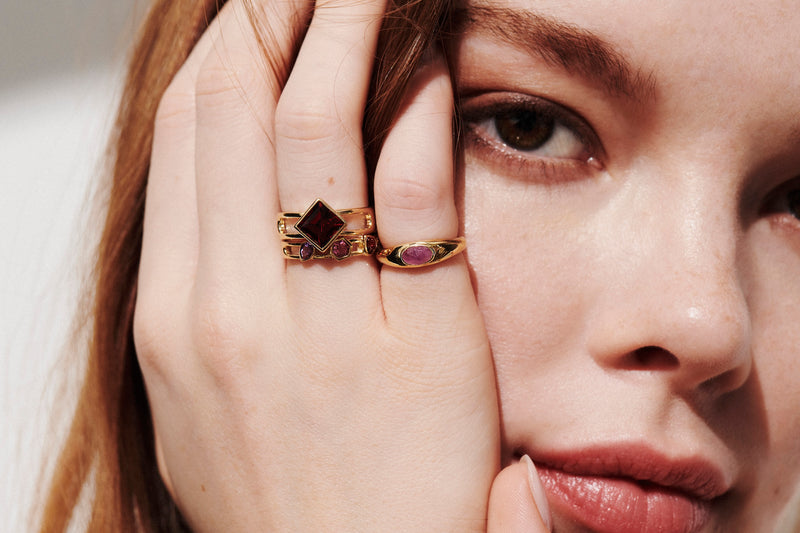 Model Wearing Mixed Shape Multi-Stone Open Band Lock Ring, Tommy Ring with Pink Sapphire, Square Garnet Open Lock Ring