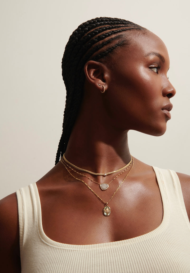 Model Wearing Perrine Necklace with Labradorite from Vale Jewelry