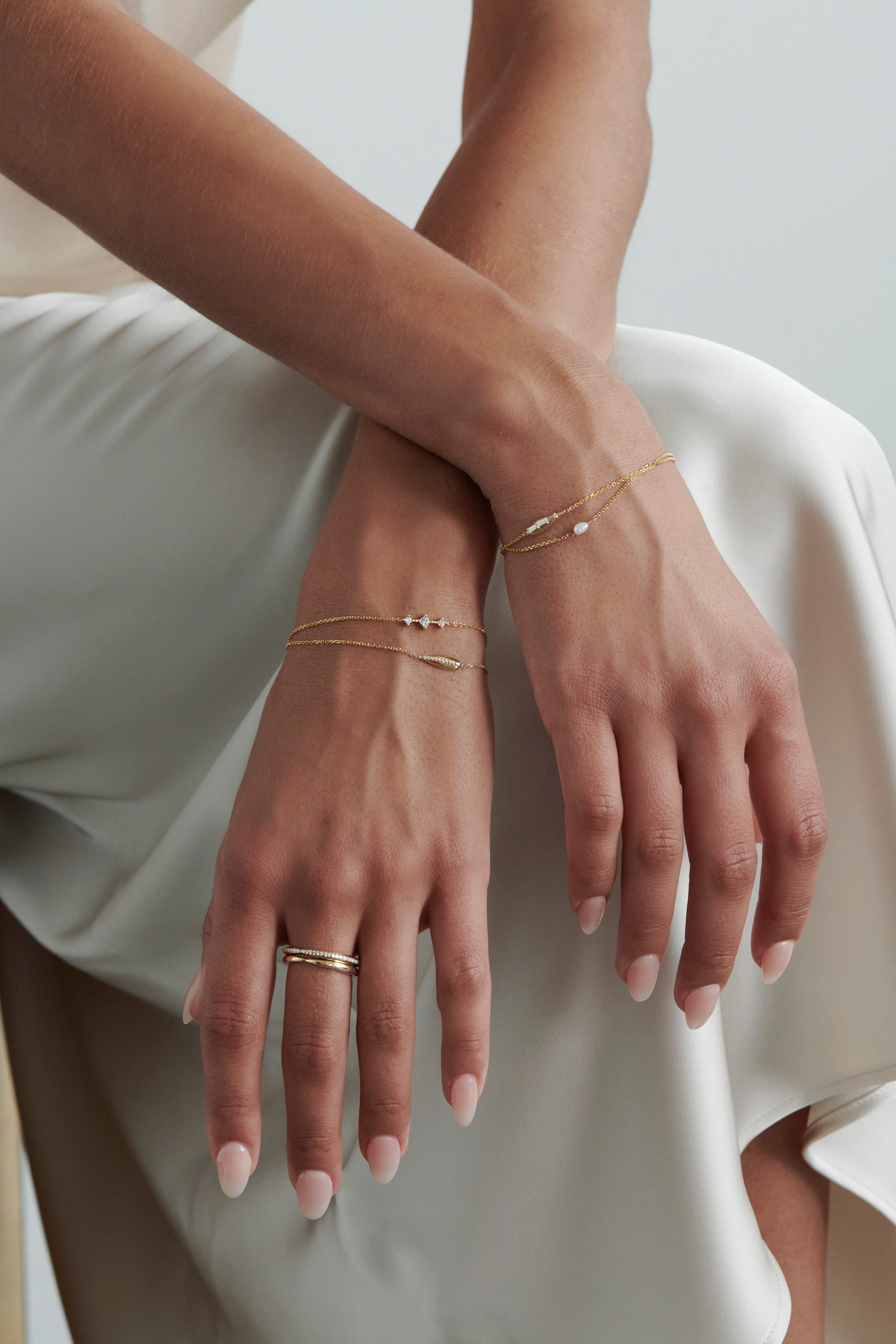 Close-up of Model Wearing Vale Jewelry Seed Pearl Bracelet
