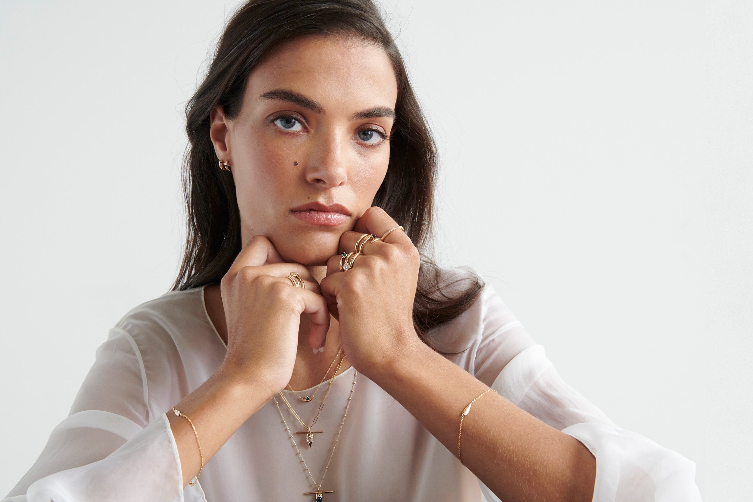 Model Wearing Vale Jewelry Swoop Black Diamond 2-Piece Earrings