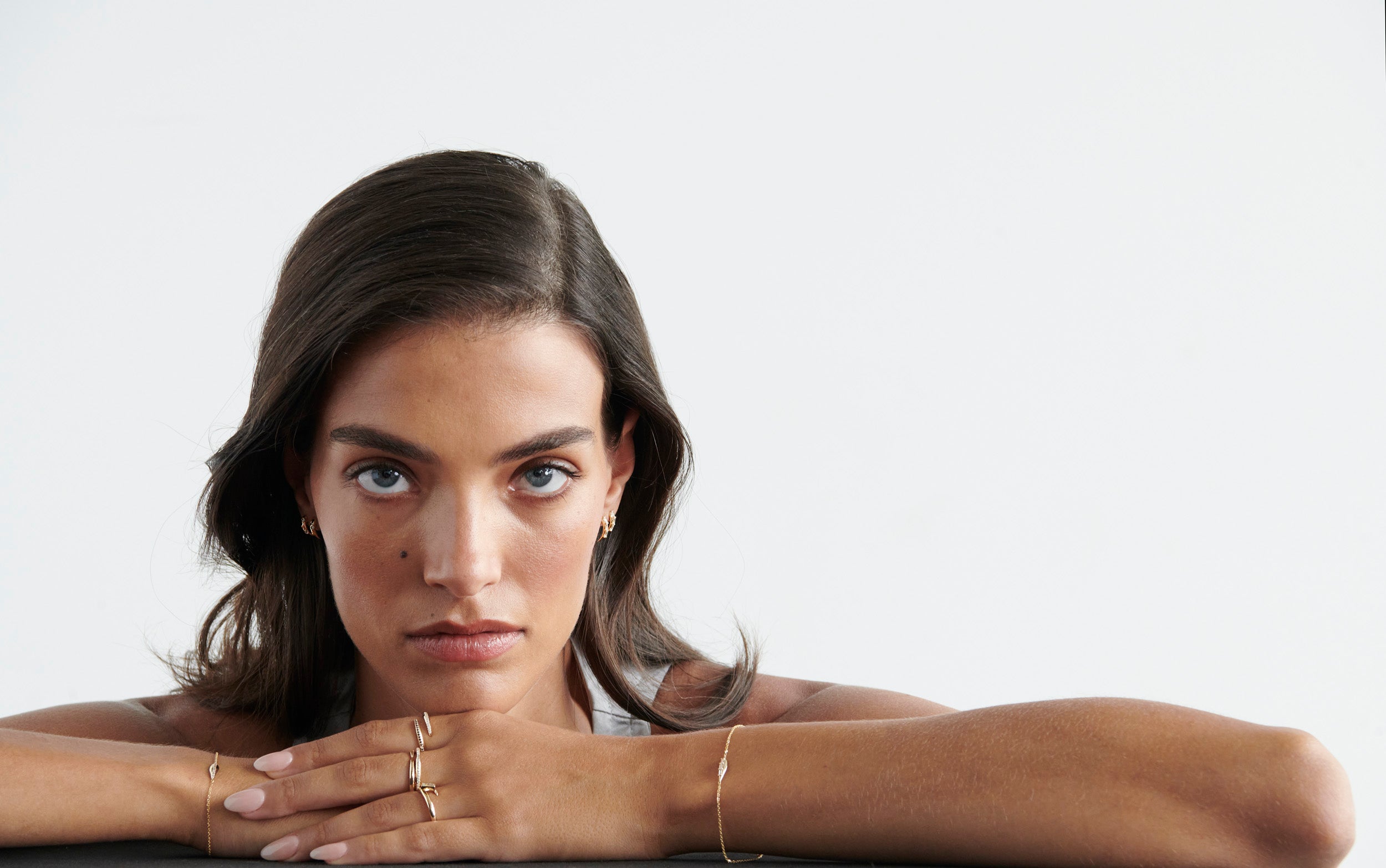 Model Wearing Vale Jewelry Swoop Baguette Cut Diamond Bracelet