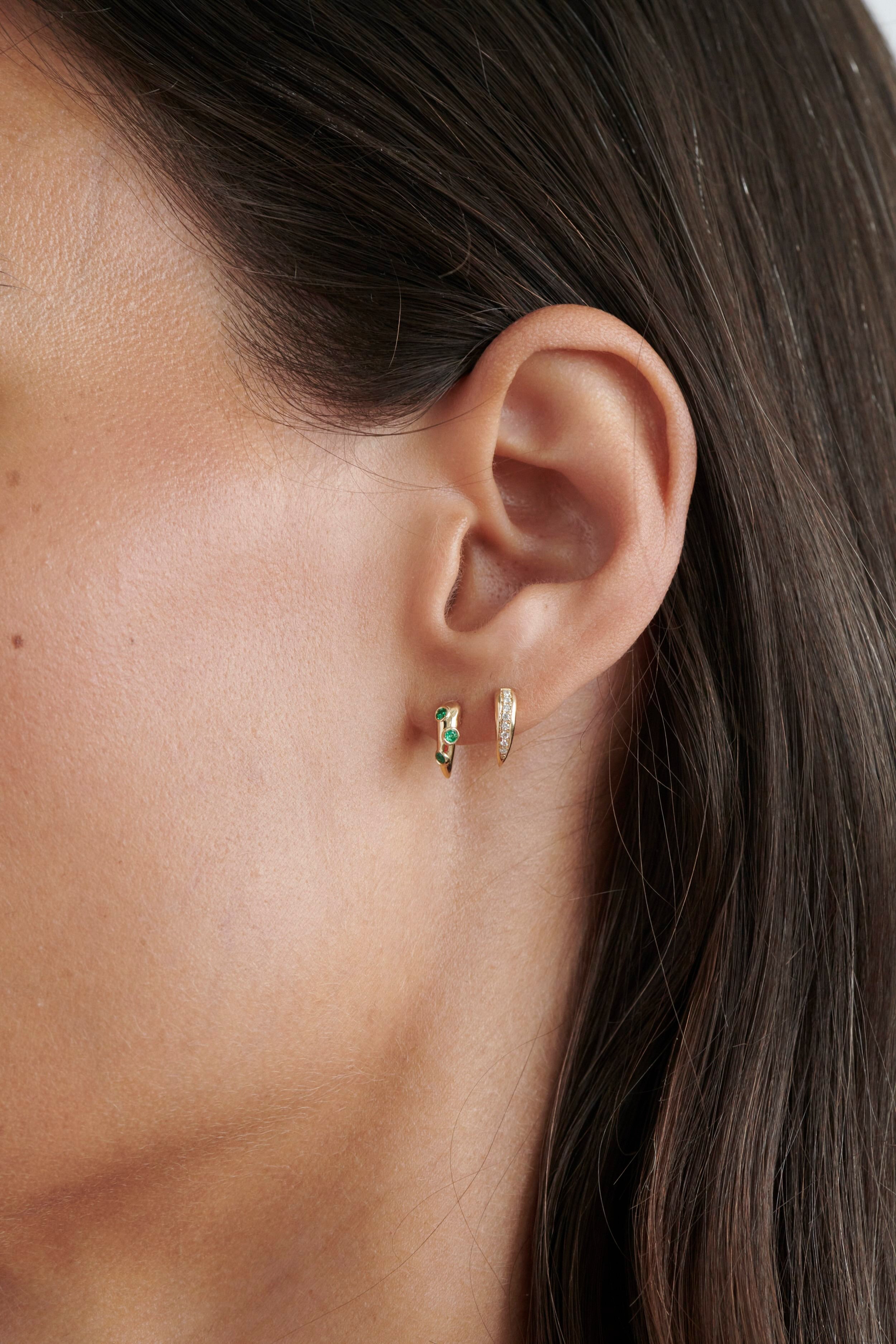 Close-up of Model Wearing Vale Jewelry Swoop Emerald 2-Piece Earrings