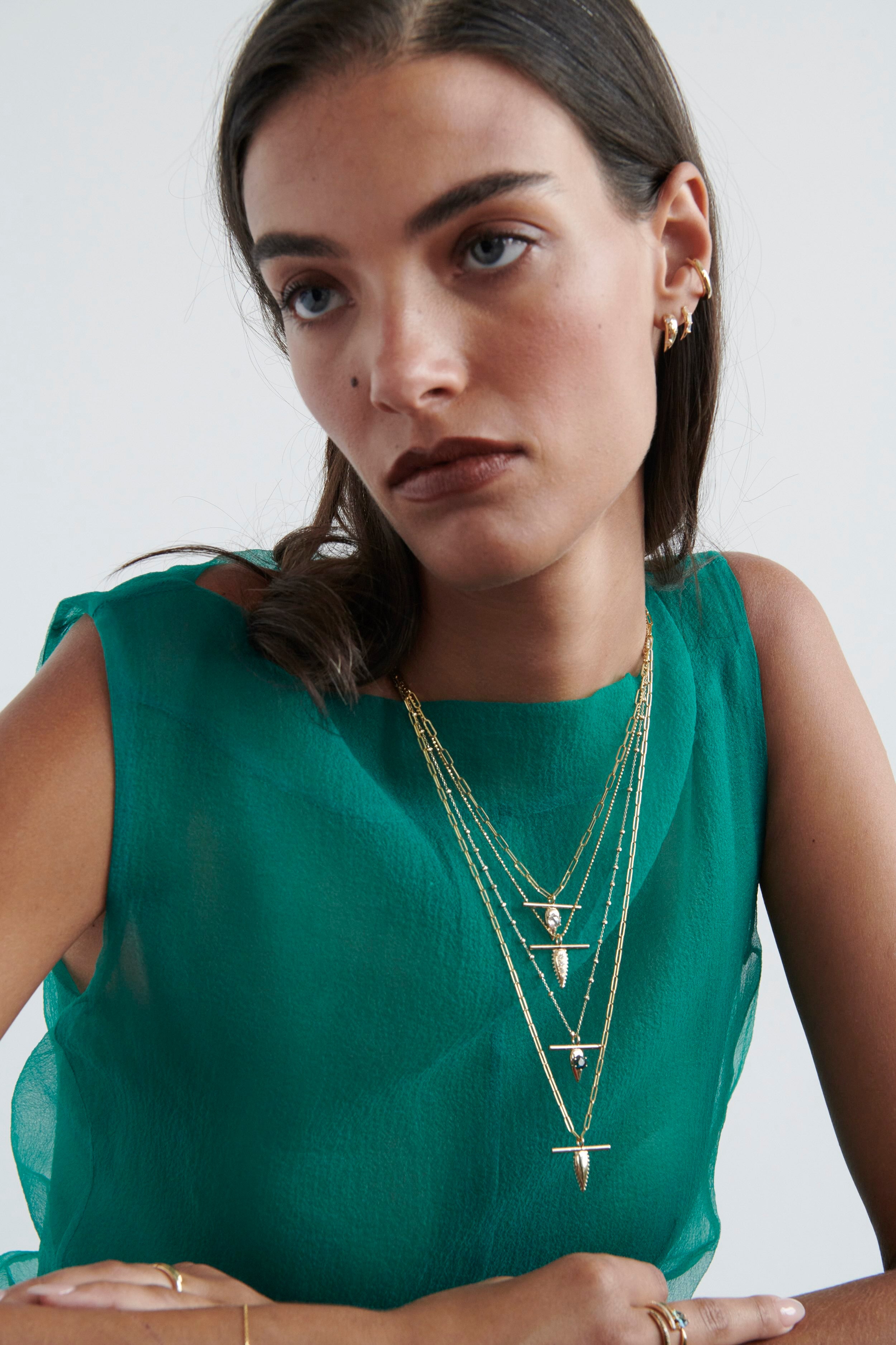 Close-up of Model Wearing Vale Jewelry Swoop Large 2-Piece Diamond Earrings
