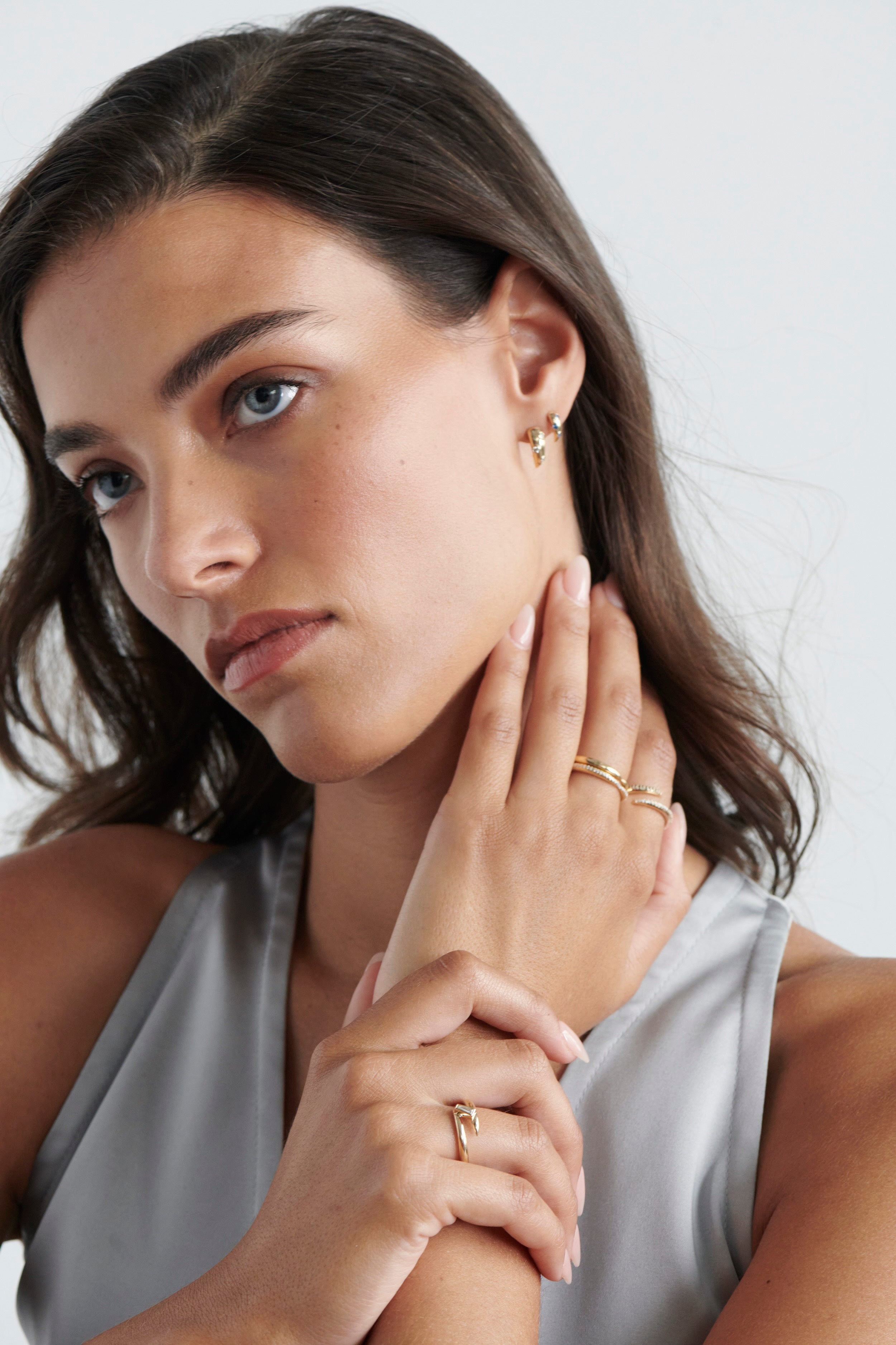 Model Wearing Vale Jewelry Swoop Large 2-Piece Diamond Earrings
