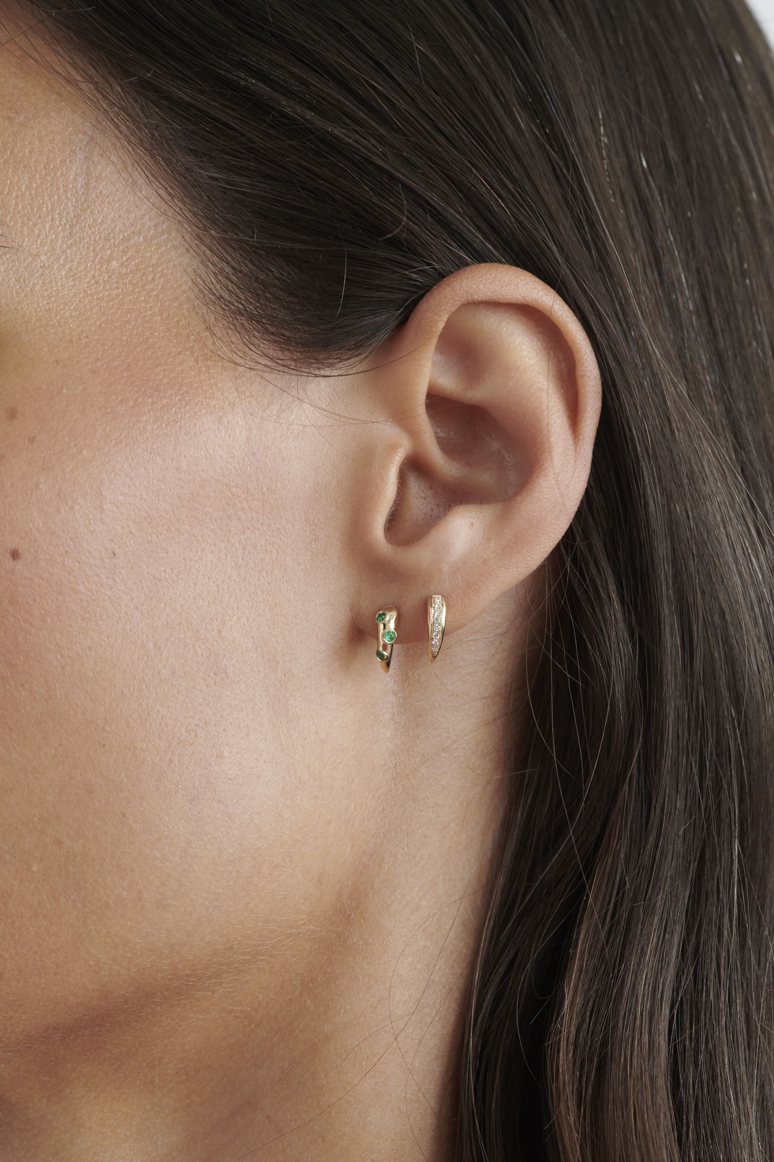 Close-up of Model Wearing Vale Jewelry Swoop Pavé Diamond 2-Piece Earrings