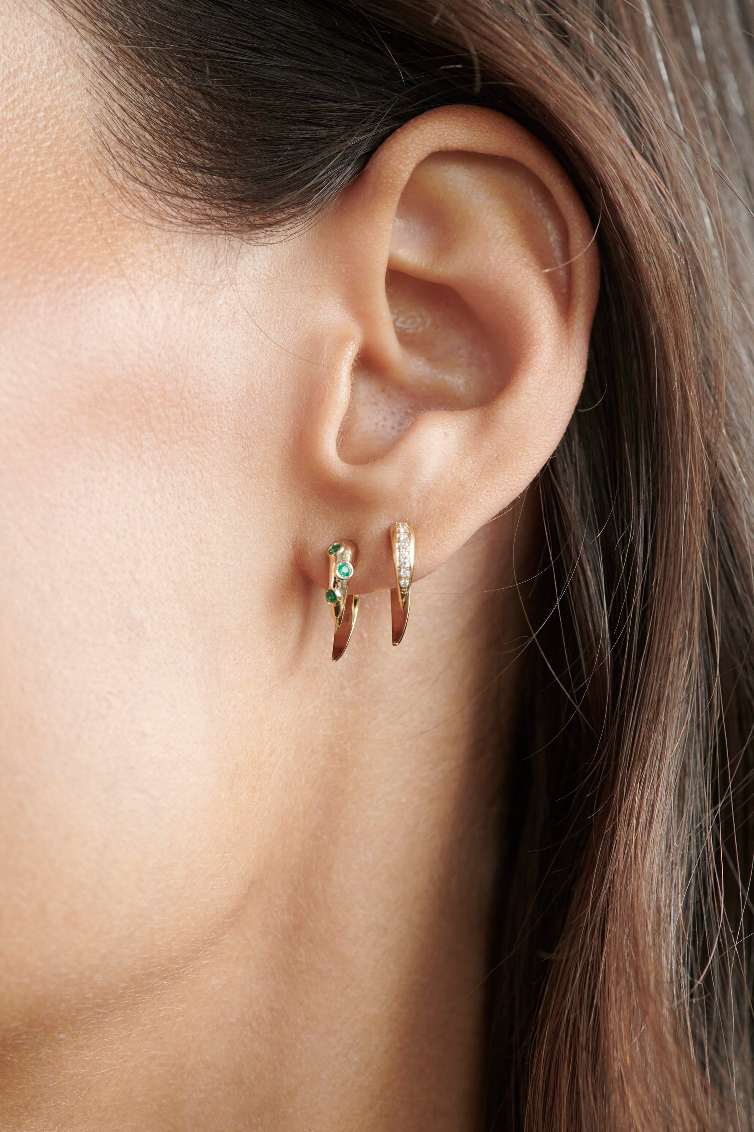 Close-up of Model Wearing Vale Jewelry Swoop Pavé Diamond 2-Piece Earrings