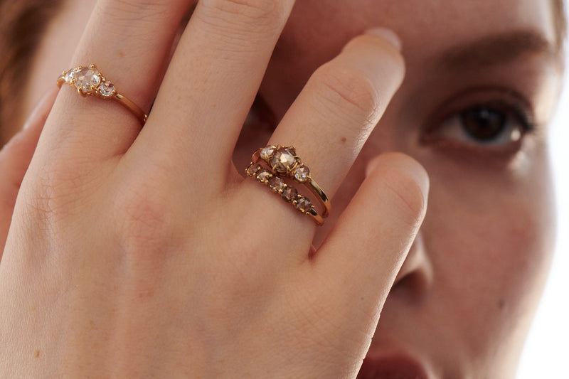 Model Wearing Vale Jewelry Tidals Ring with Champagne Rose Cut Diamond and White Rose Cut Diamonds