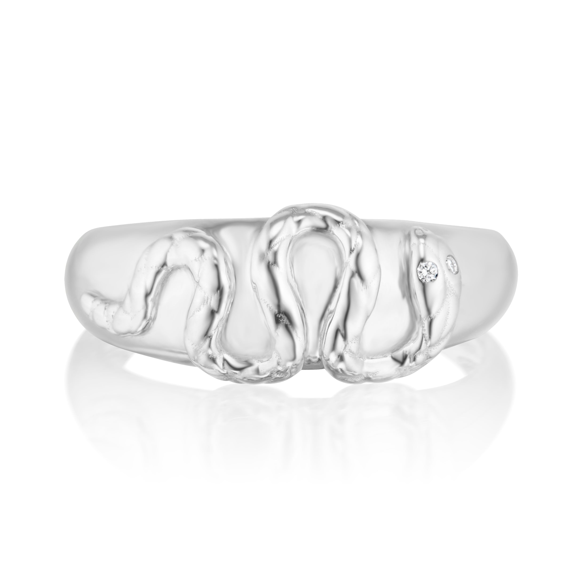 Alt="Vale Jewelry white Gold ring with a textured snake front view on a white background"