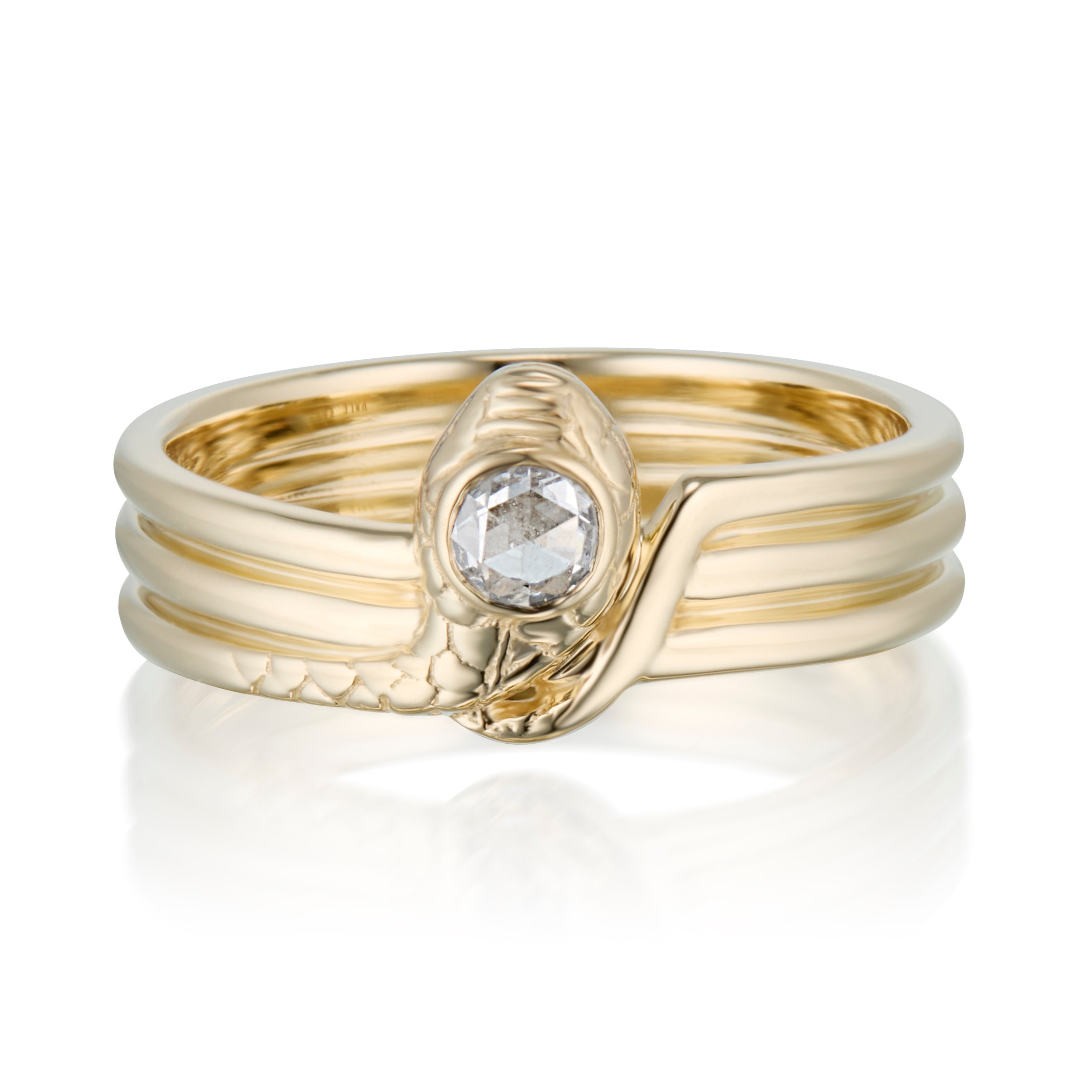 gold triple wrap snake ring on white background front view